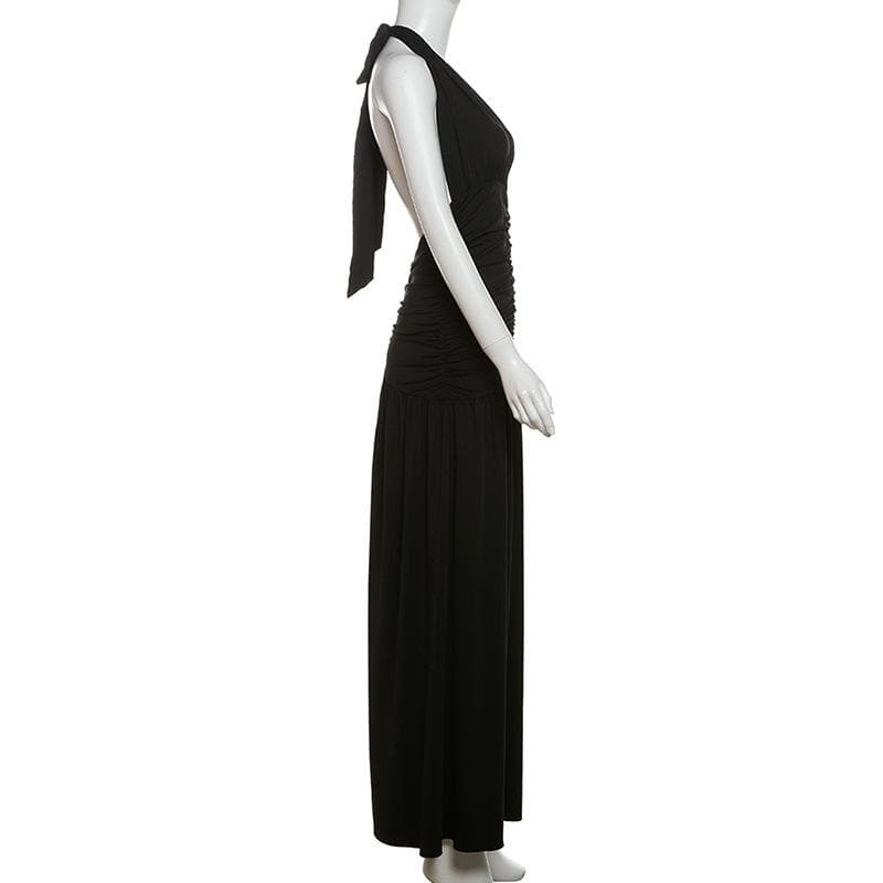 Halter deep v neck ruched backless maxi dress