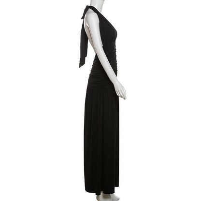 Halter deep v neck ruched backless maxi dress
