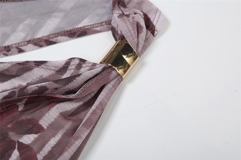 One shoulder irregular hollow out high slit print cut out maxi dress