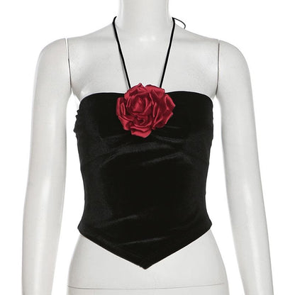 Halter velvet flower applique backless top