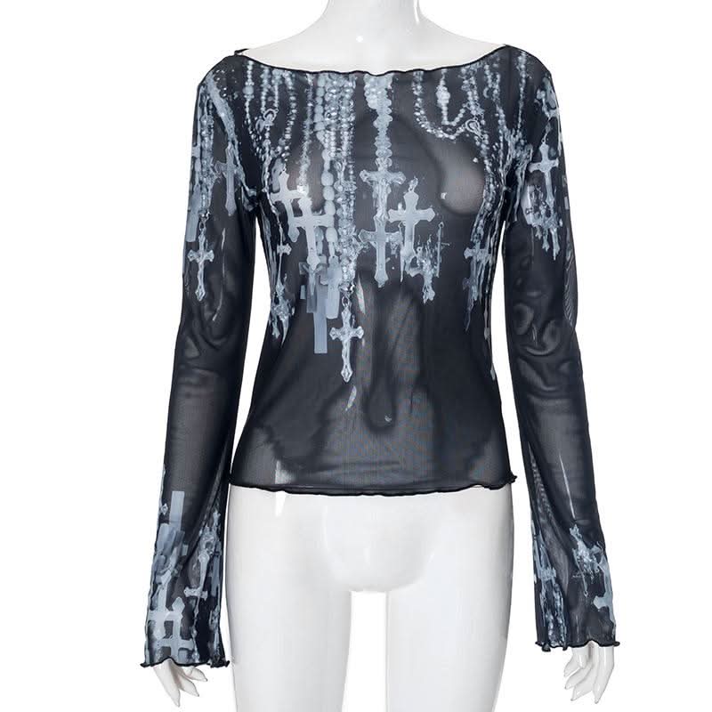 Off shoulder long sleeve mesh cross print top