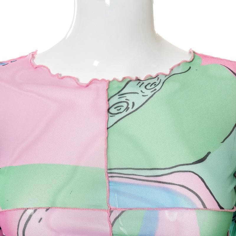 Ruffled see through patchwork irregular long sleeve crop top