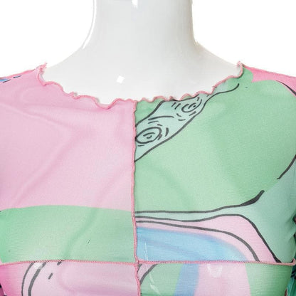 Ruffled see through patchwork irregular long sleeve crop top