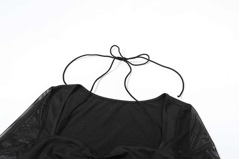 Long sleeve halter mesh ruched ruffle mini dress