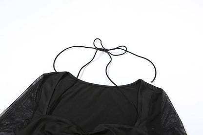 Long sleeve halter mesh ruched ruffle mini dress