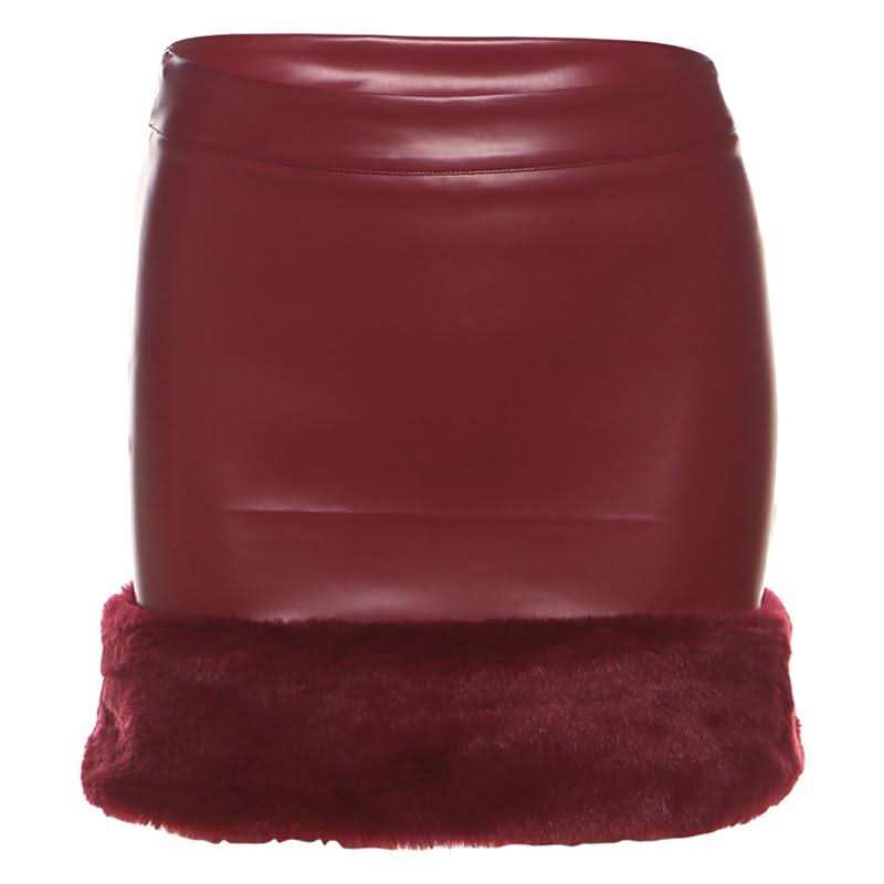PU leather fluffy patchwork zip-up mini skirt