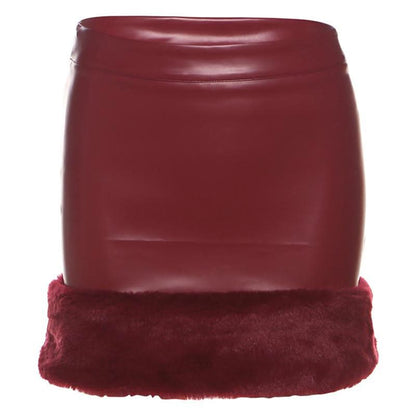 PU leather fluffy patchwork zip-up mini skirt
