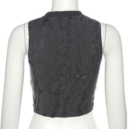 Sleeveless textured star applique hollow out solid crop cut out top
