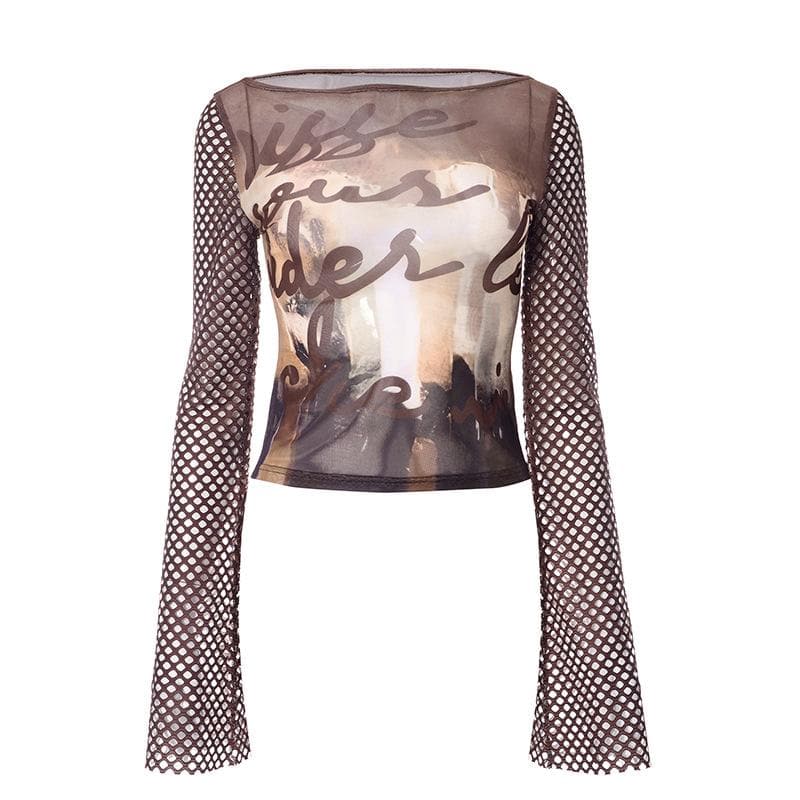 Fishnet long sleeve hollow out mesh contrast cut out top