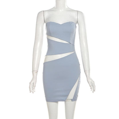 Sweetheart neck zip-up mesh patchwork tube mini dress