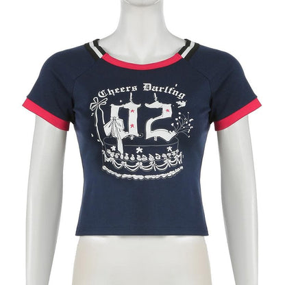 Short sleeve letter print contrast stitch top