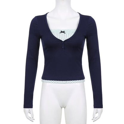 Polka dot patchwork long sleeve lace hem button top