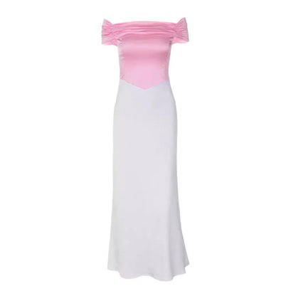 Short sleeve off shoulder ruched satin lace up midi dress