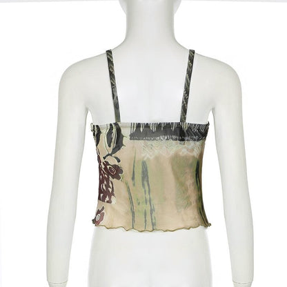 O ring ruched patchwork beaded mesh knotted cami top