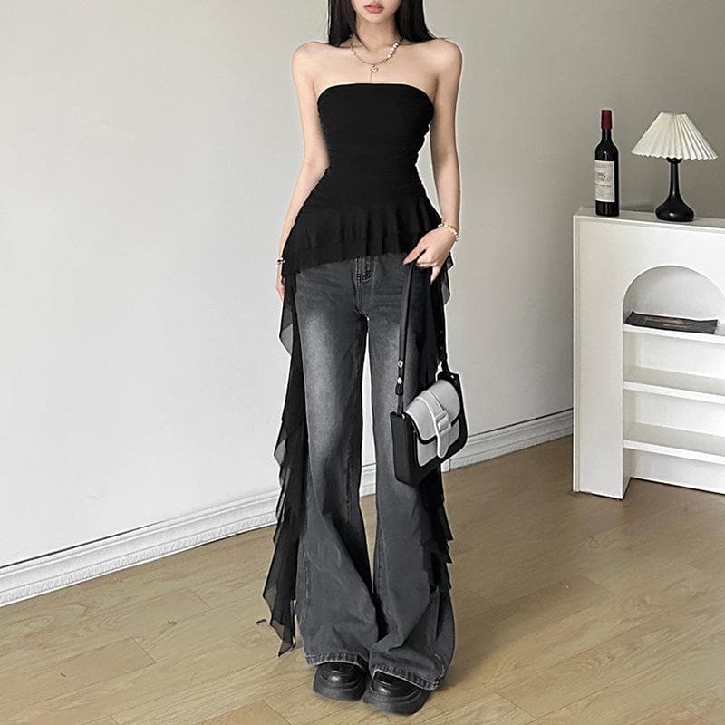 Ruffle mesh ruched irregular solid tube top