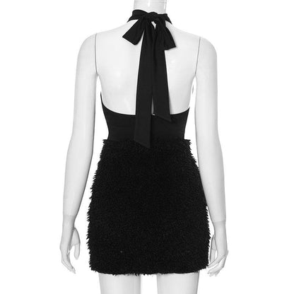 Halter hollow out fluffy ruched self tie cut out mini dress