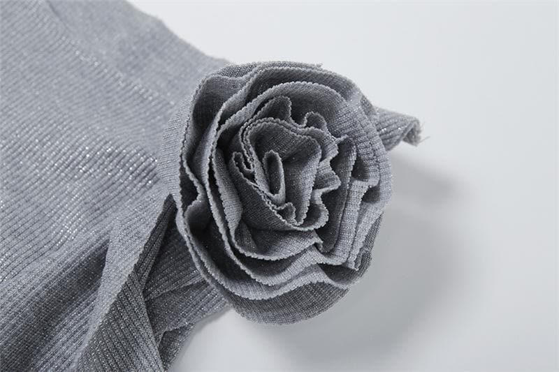 Crewneck flower applique glitter ruffle top