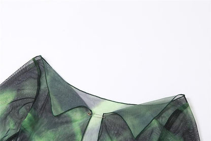 Halter drawstring mesh flared sleeve tie dye 2 piece crop top