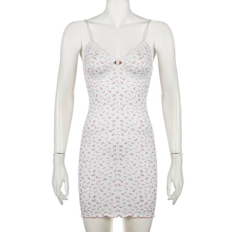 Textured print flower applique ruffle cami mini dress