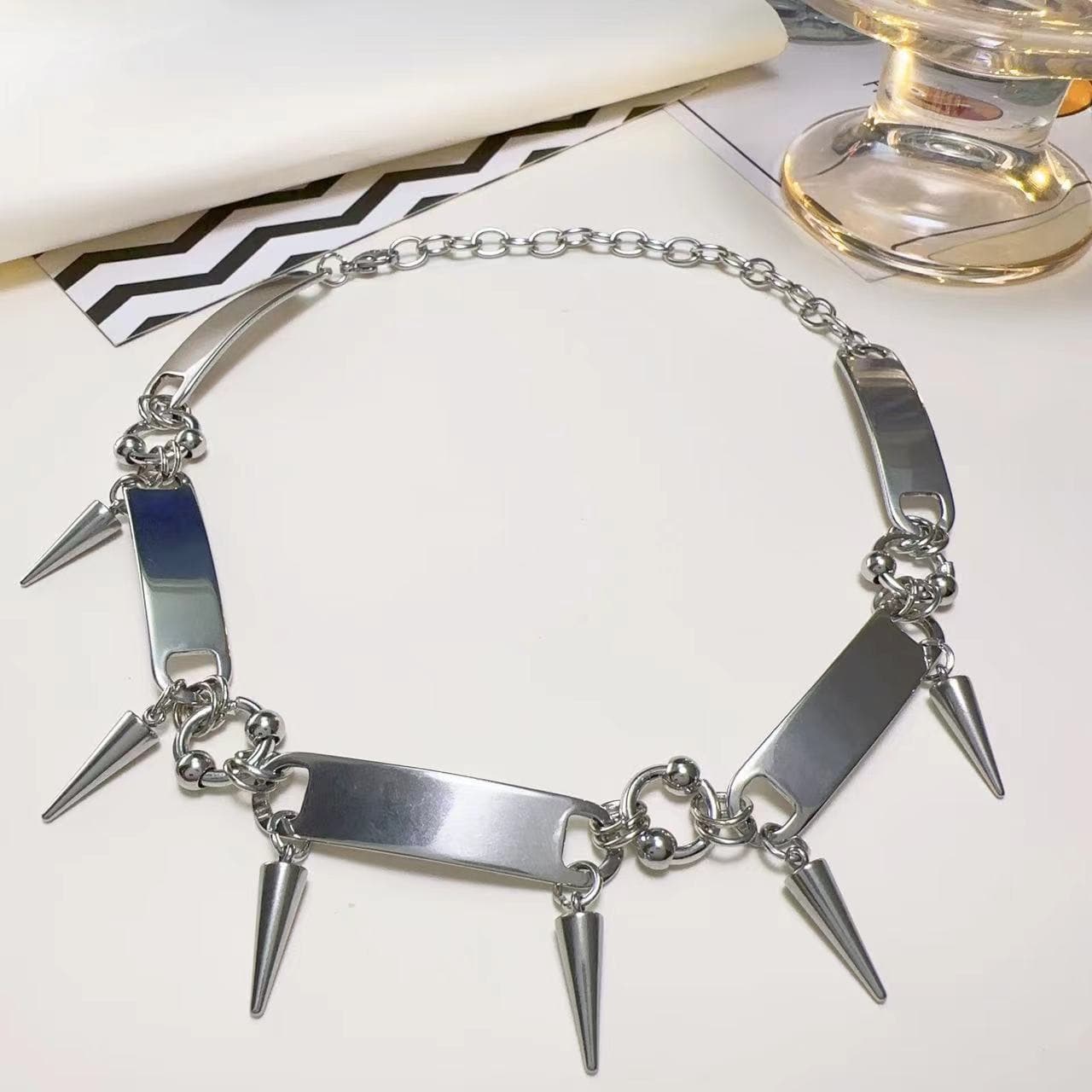 Silver rivet patchwork choker necklace