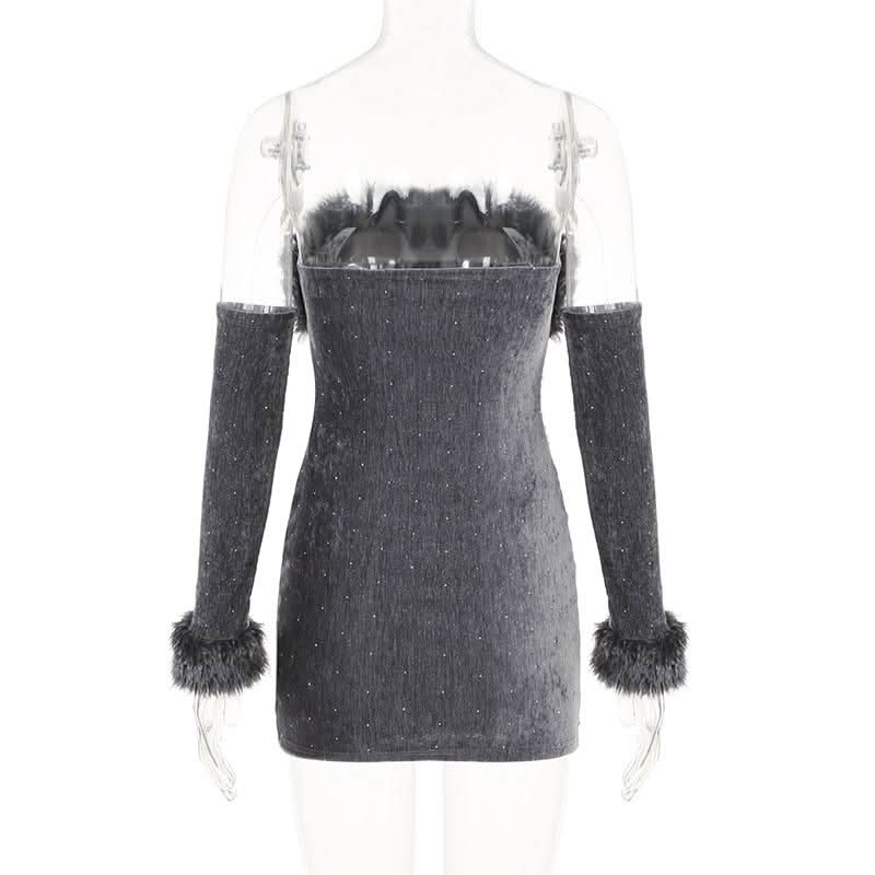 Fluffy gloves beaded tube mini dress