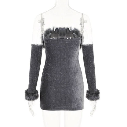 Fluffy gloves beaded tube mini dress
