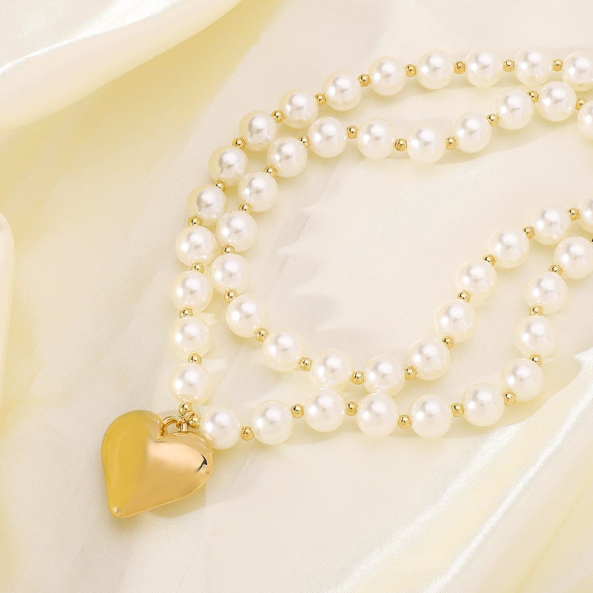 Heart pendant layered faux pearl necklace