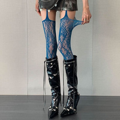 Suspender sheer lace flower pattern tights