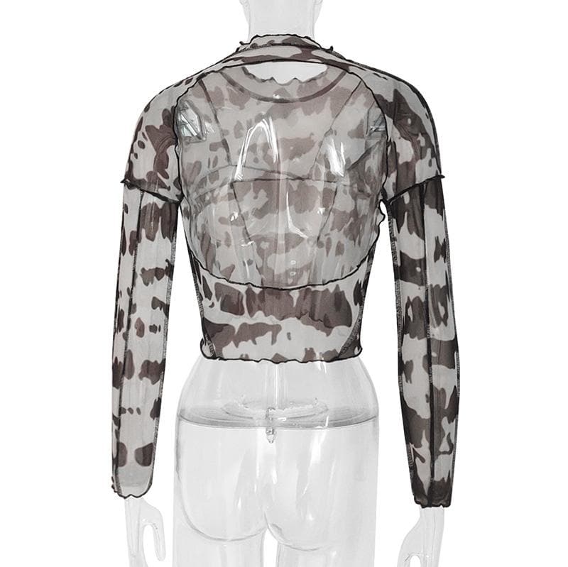 Sheer mesh see through print stitch ruffle open back top
