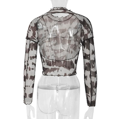 Sheer mesh see through print stitch ruffle open back top