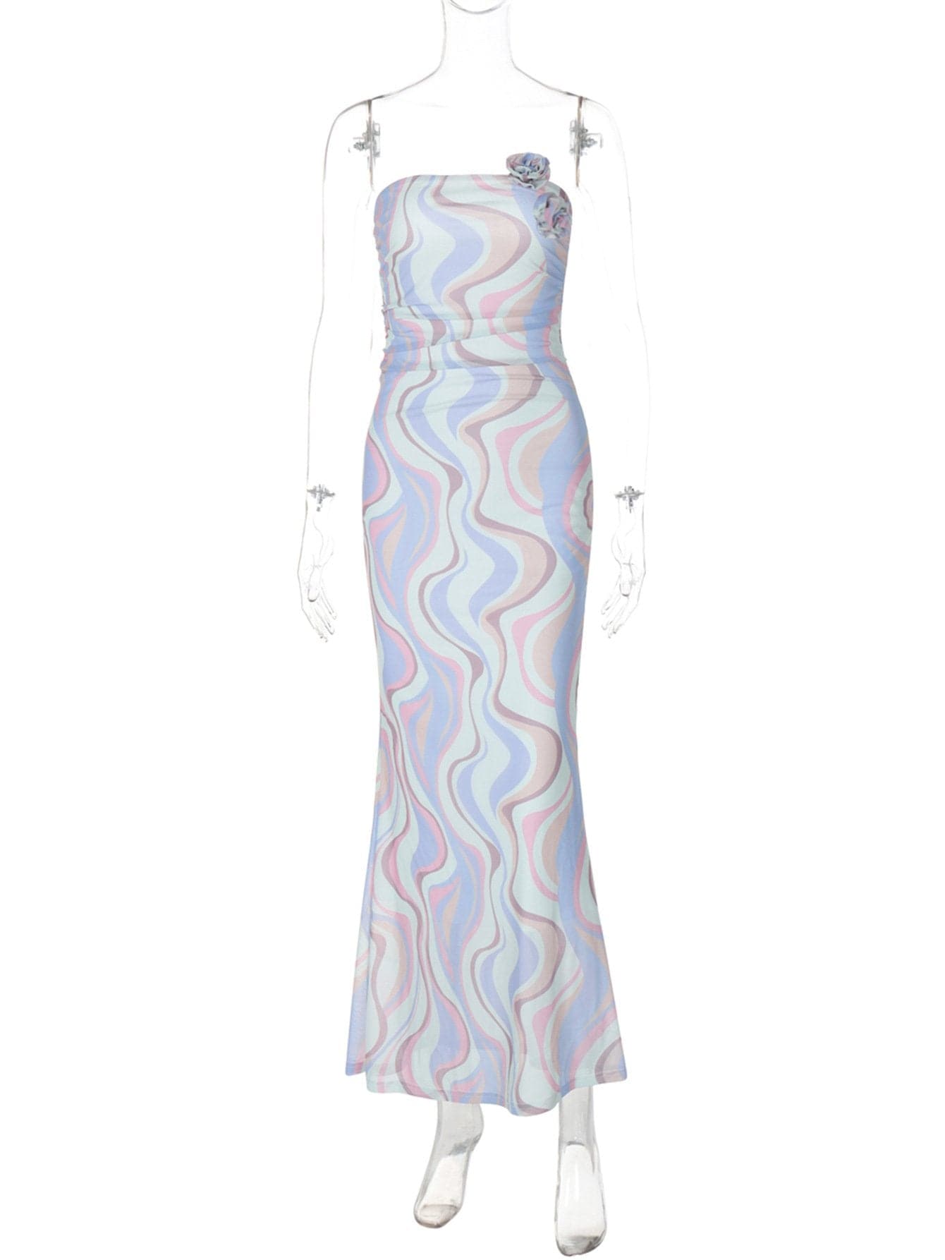 Rose applique ruched contrast mesh tube maxi dress