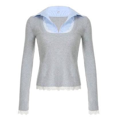 Turnover collar patchwork long sleeve lace hem knitted top