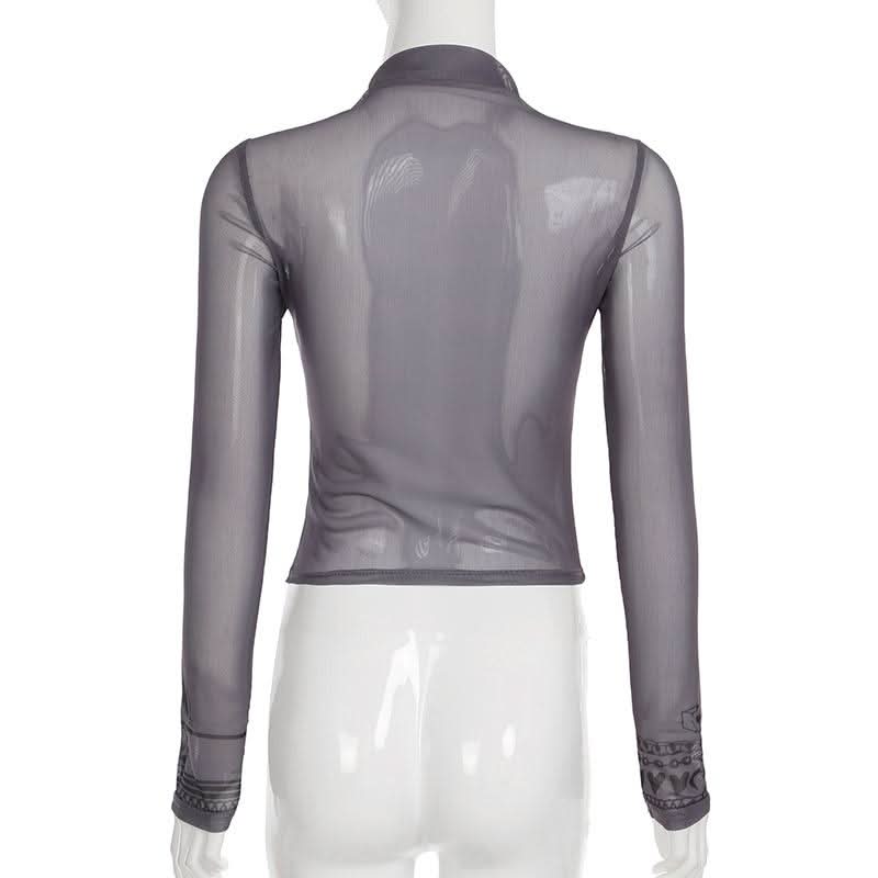 High neck long sleeve mesh butterfly print top