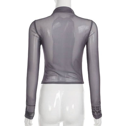 High neck long sleeve mesh butterfly print top