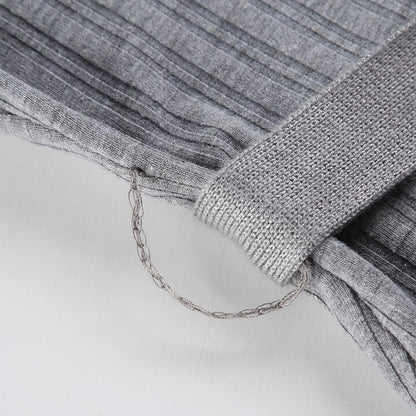 Turnover collar long sleeve ribbed belt top