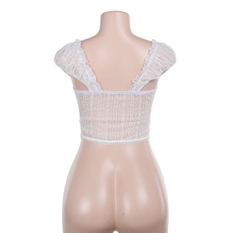 Ruffle v neck lace cap sleeve self tie crop top
