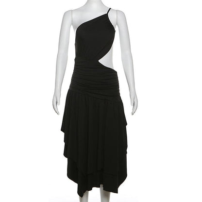 One shoulder hollow out ruched ruffle cut out midi dress