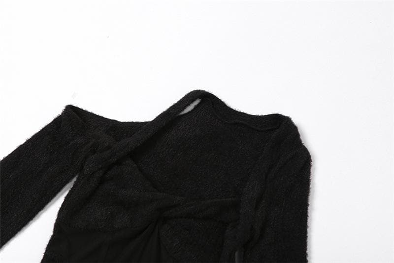 Fuzzy Cold Shoulder Corset Mesh Panel Bell Sleeve Mini Dress