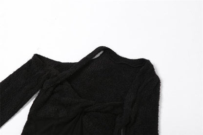Fuzzy Cold Shoulder Corset Mesh Panel Bell Sleeve Mini Dress