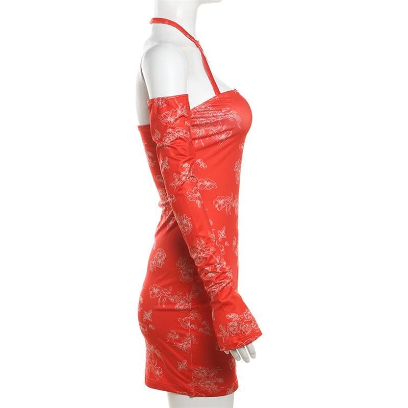 Halter gloves print ruched backless mini dress