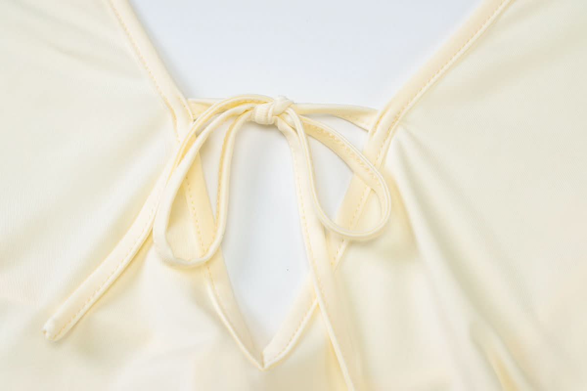 Slit halter self tie v neck ruffle solid maxi dress