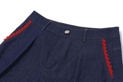 Button pocket lace hem ruched wide leg jeans