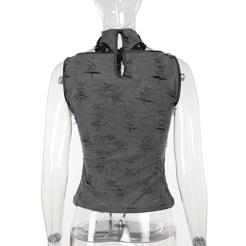 Sleeveless high neck buckle patchwork top
