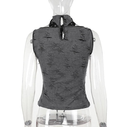 Sleeveless high neck buckle patchwork top