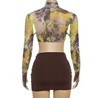High neck long sleeve flower print crop mini skirt set