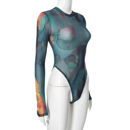 Long sleeve crewneck sheer mesh button print bodysuit