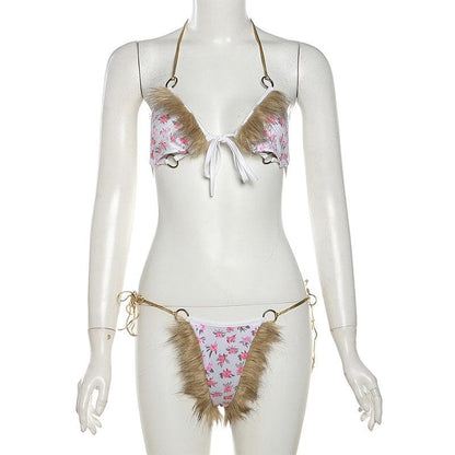 Halter o ring flower print fluffy self tie pant set