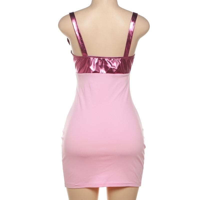 Hollow out metallic patchwork backless cami cut out mini dress