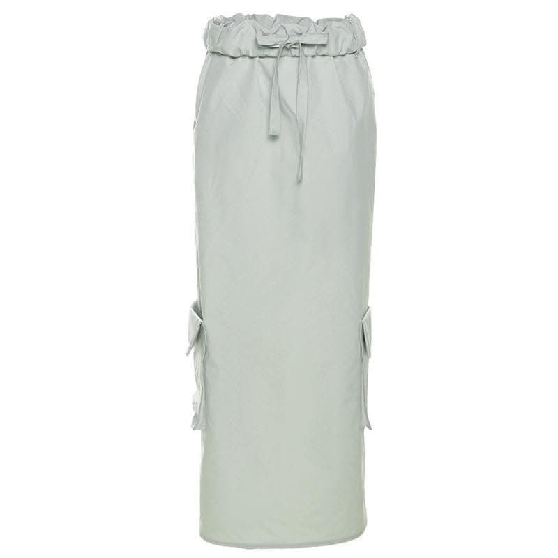 Ruched pocket cargo solid low rise maxi skirt-final-sale