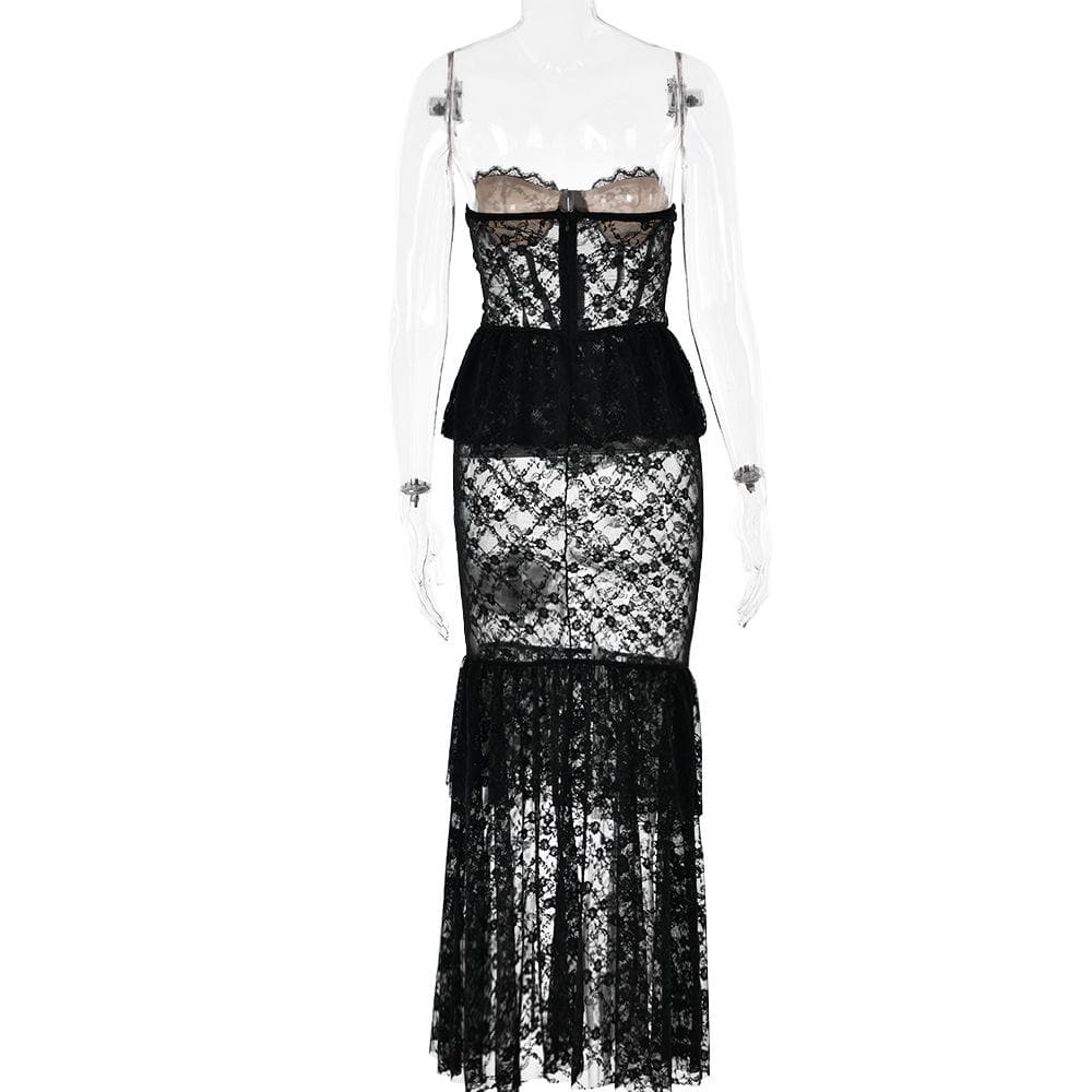 Sweetheart neck lace see through bustier ruched tube maxi dress